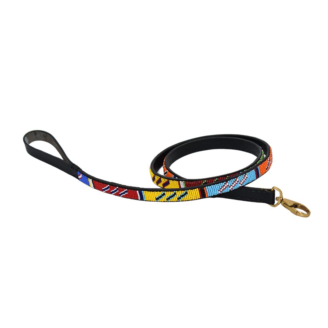 Handmade Maasai Beaded Leather Dog Collars & Leash Set