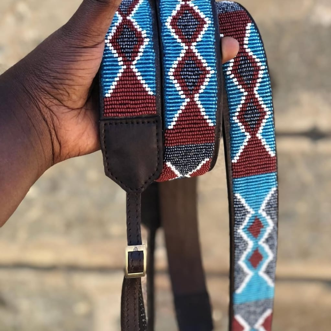 Hand-Beaded Leather Dog Collar & Leash-Maroon & Blue