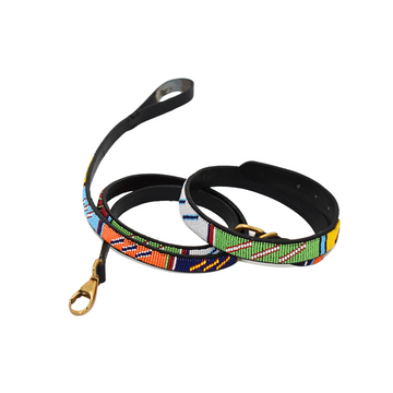 Handmade Maasai Beaded Leather Dog Collars & Leash Set