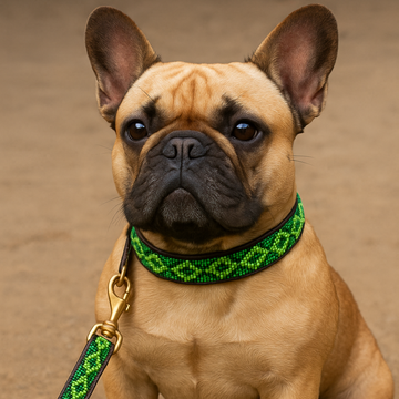 Hand-Beaded Leather Dog Collar & Leash-Green