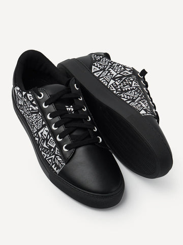 Kali Sneakers: Black Leather with B&W Tribal