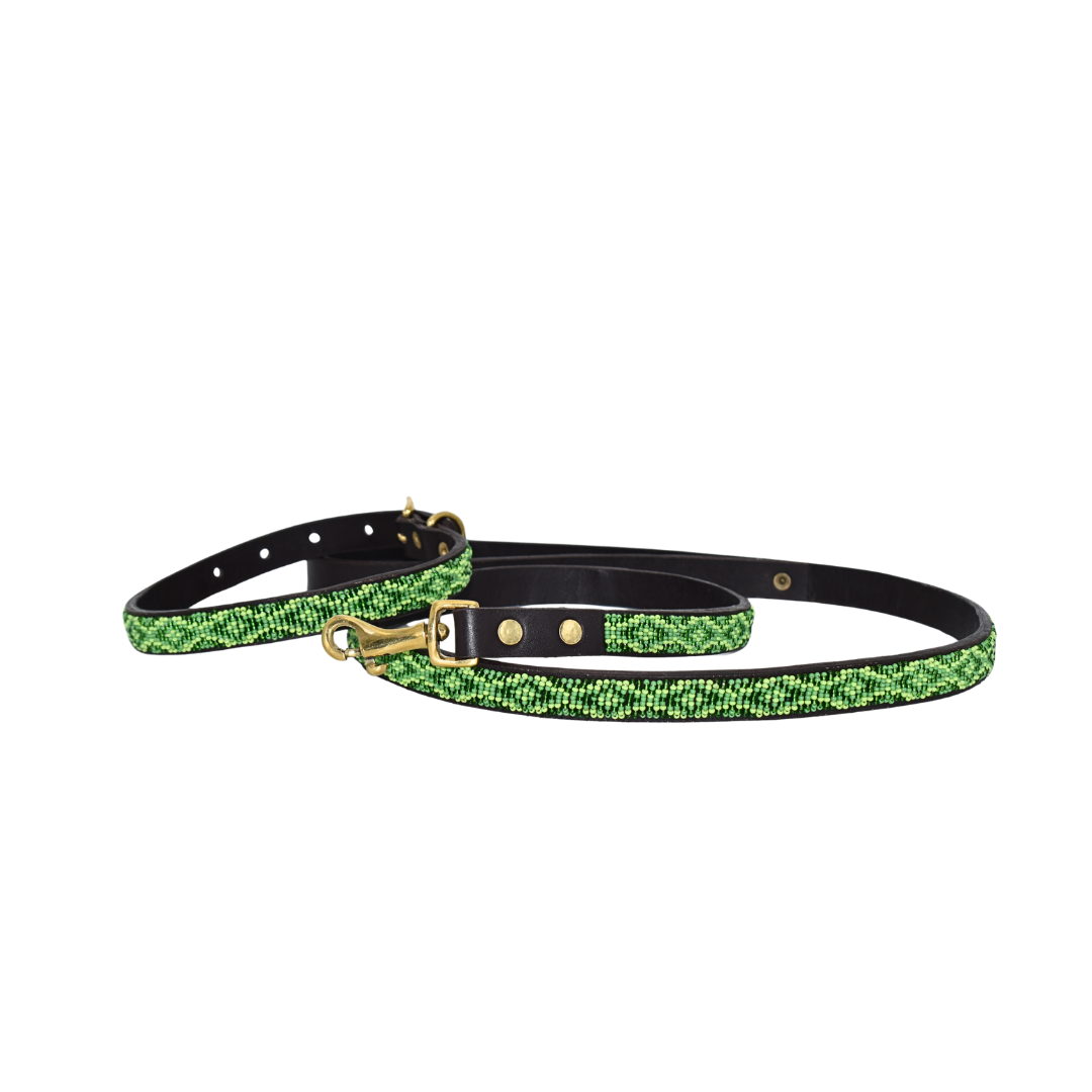 Hand-Beaded Leather Dog Collar & Leash-Green