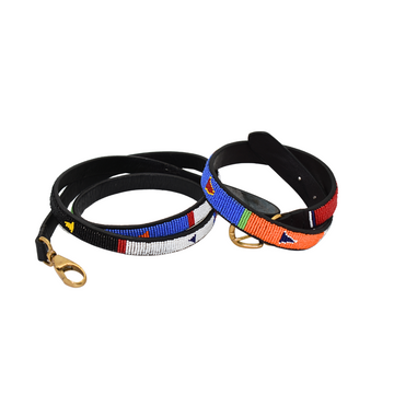 Handmade Maasai Beaded Leather Dog Collars & Leash Set