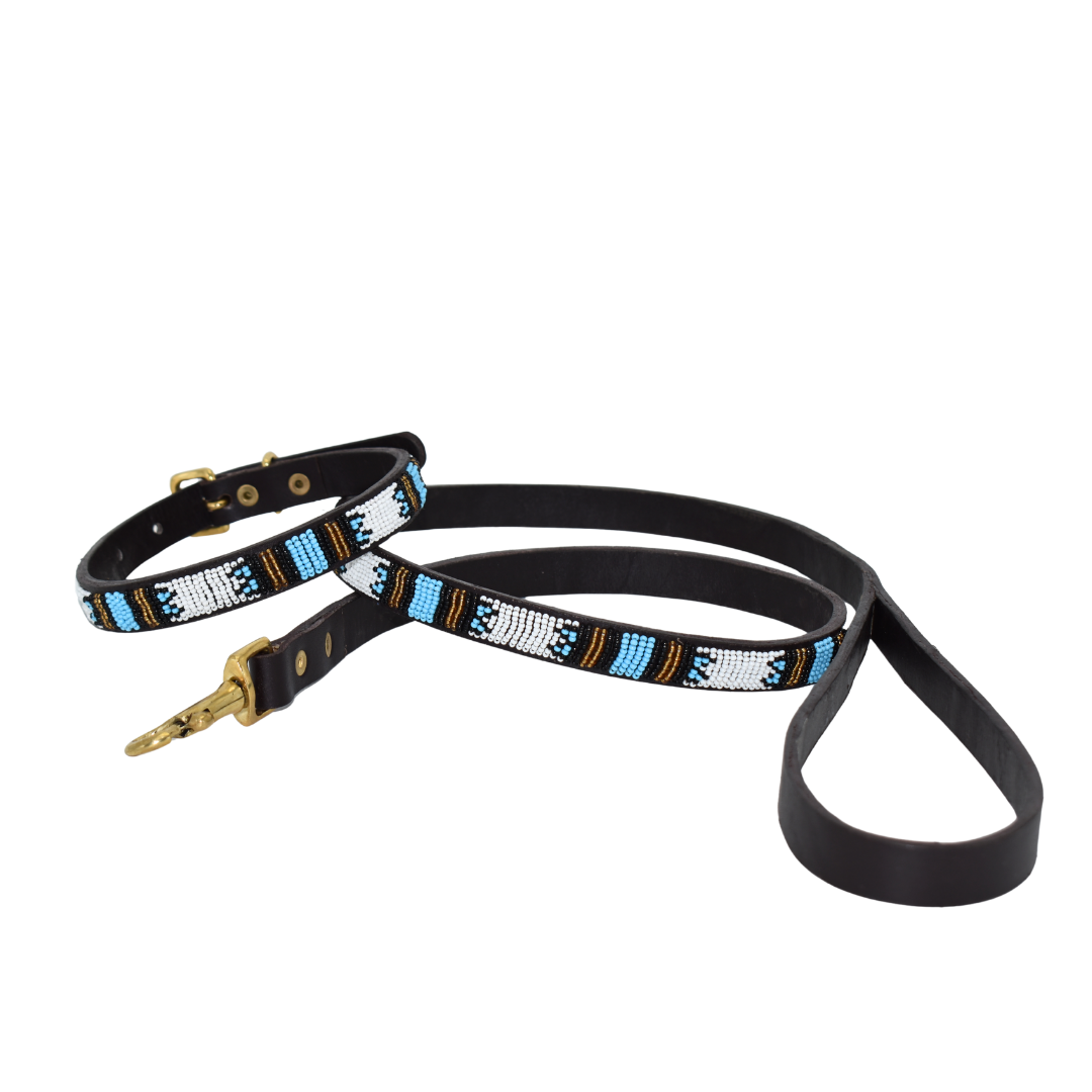Hand-Beaded Leather Dog Collar & Leash-White, Blue & Black