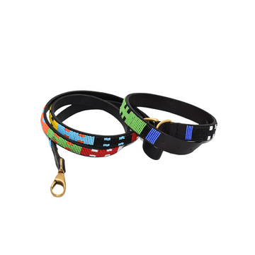 Handmade Maasai Beaded Leather Dog Collars & Leash Set