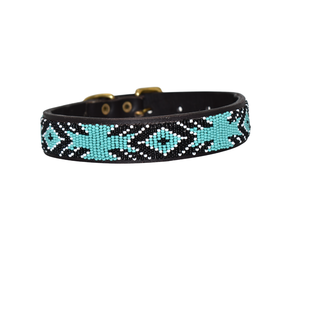 Hand-Beaded Leather Dog Collar & Leash-Blue