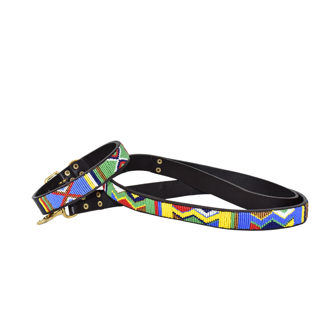 Hand-Beaded Leather Dog Collar & Leash-Maasai Colors