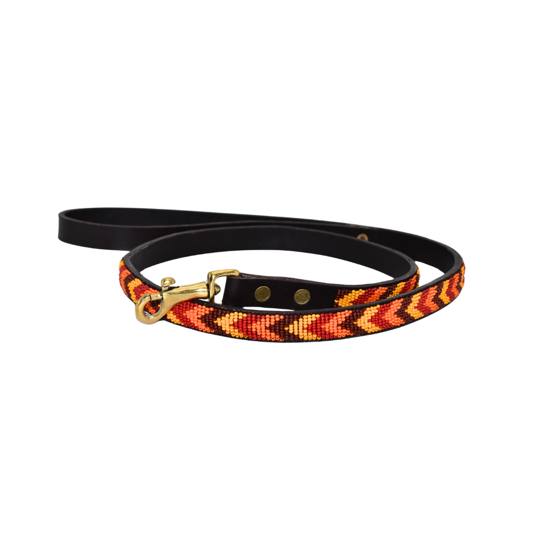 Hand-Beaded Leather Dog Collar & Leash-Orange&Yellow