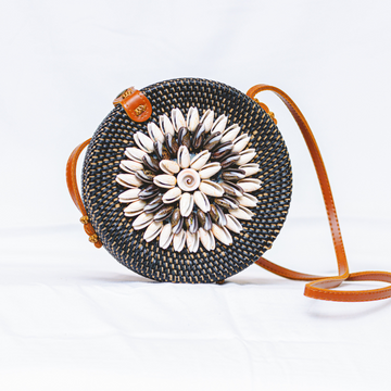 Black Rattan Sling Bag with Collected Shells | Summer Crossbody Bag
