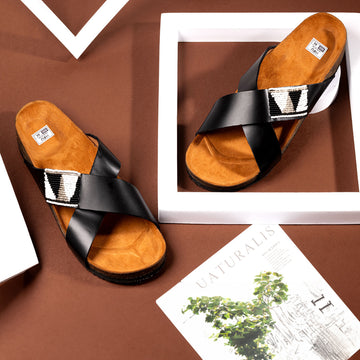 Men Leather Cork Sandals | African Beaded Sandals | Black and White