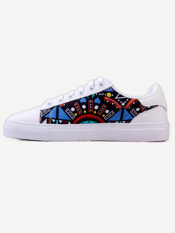 Kali Sneakers: Premium White Leather with Blue Tribal