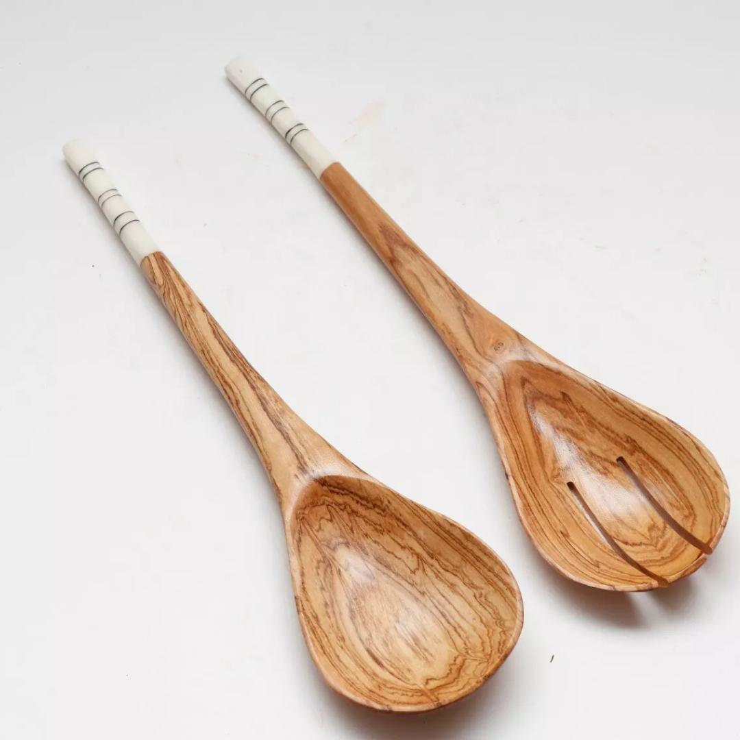 Olive wood salad spoon with batik detail - light-Mawu Africa