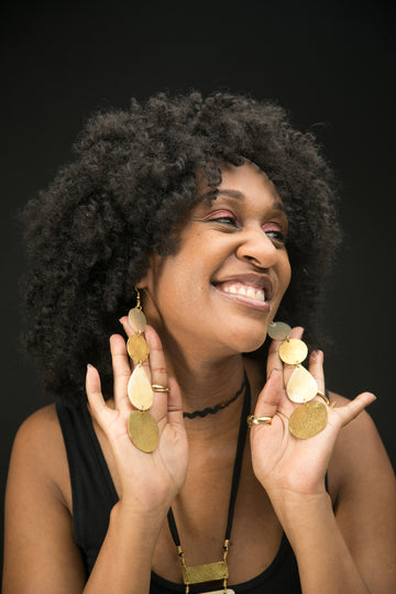 Long Recycled Bone and Brass Circle Earrings