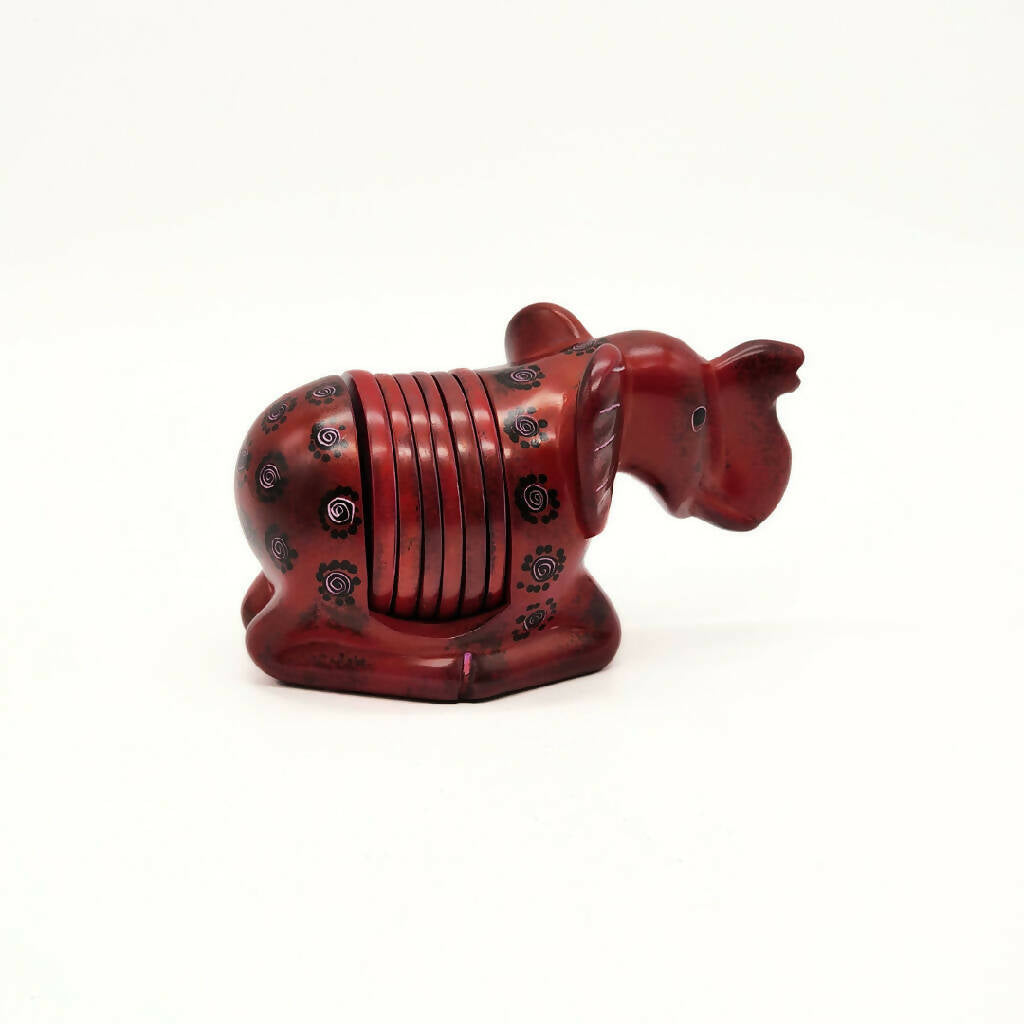 African Elephant Coasters| Soapstone Coasters | Maroon with polka dots flower pattern