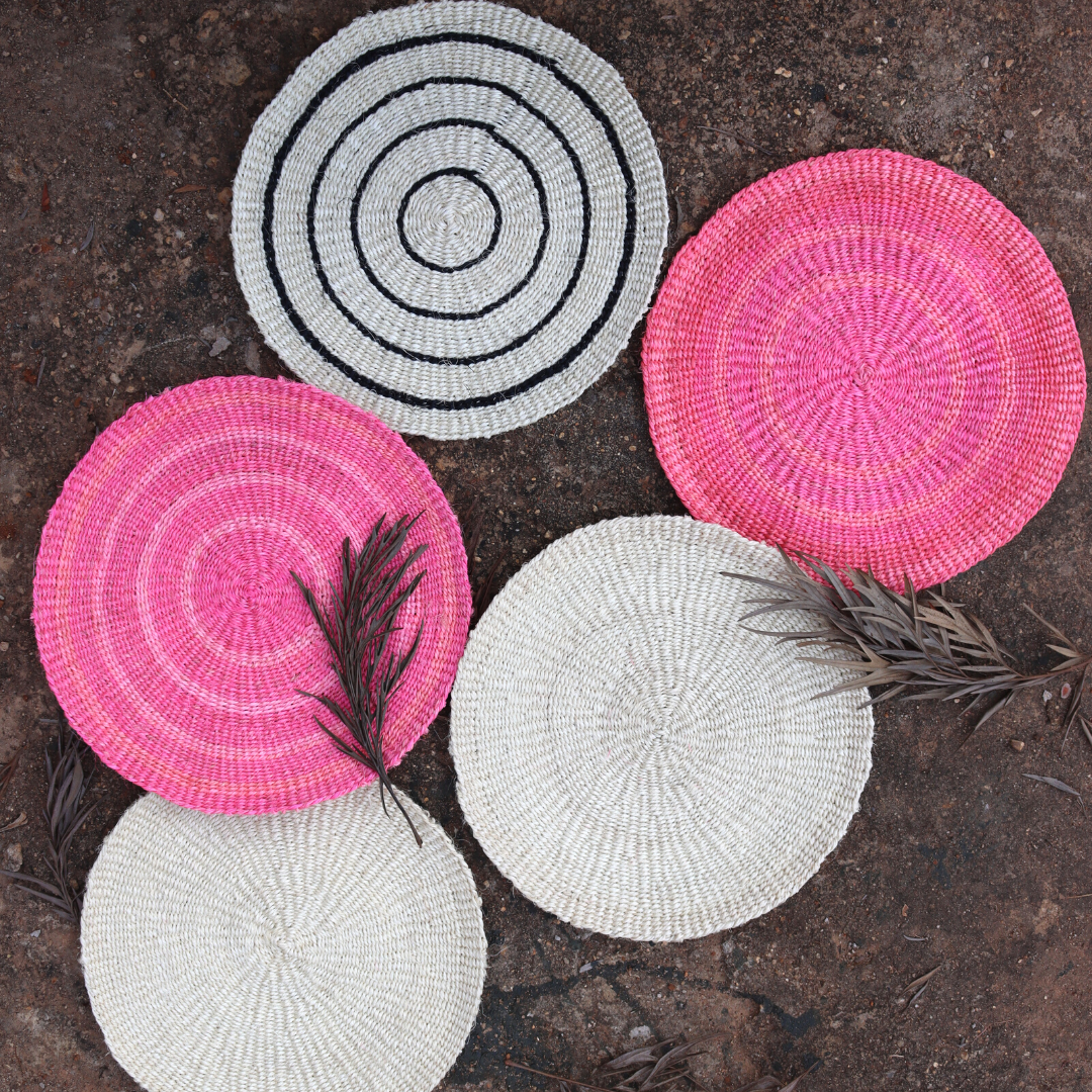 Boho Placemats | Pink and white set | Sisal mats with fringe