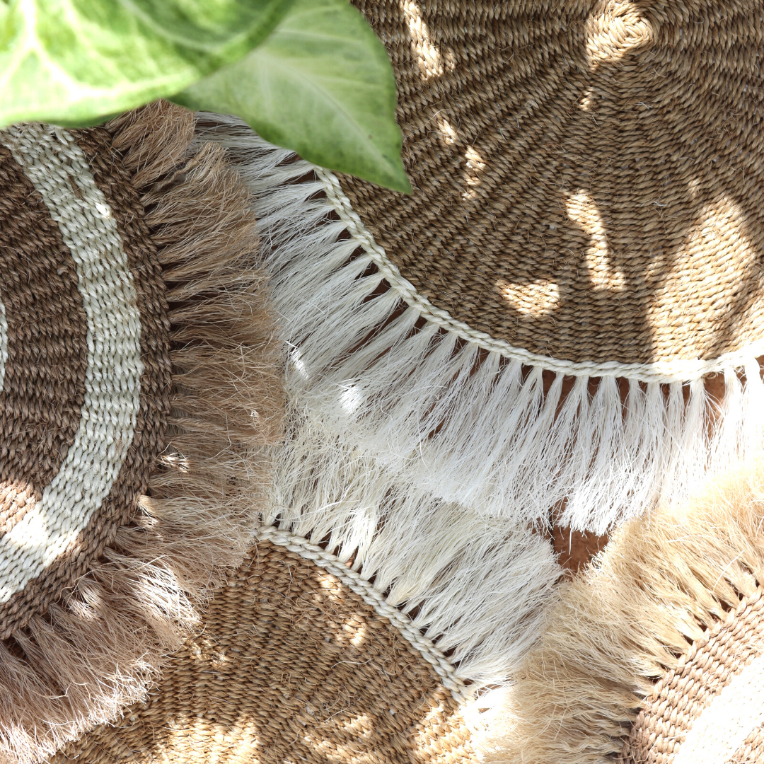 Boho Placemats | Natural with white circle set | Sisal mats with fringe