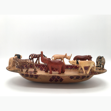 Large Wooden Storage Bowl with animal carvings