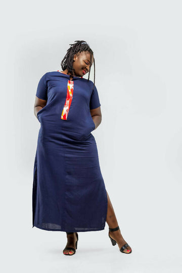 Kwezi Linen Maxi Dress In Navy Blue