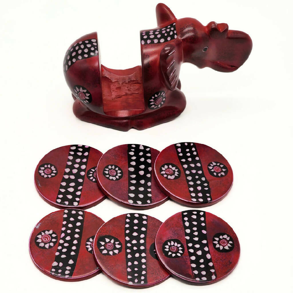 African Elephant Coasters| Soapstone Coasters | Maroon with flower pattern