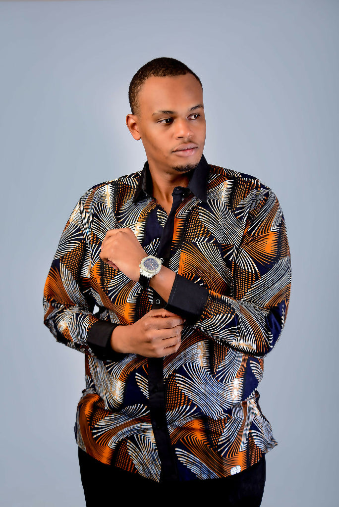 Brown with Black Cuffs African Shirt Long Sleeve1