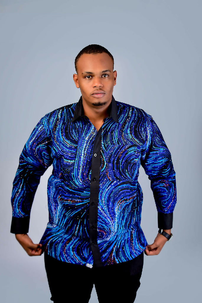 Blue and Black cuff Men's African Shirt Long Sleeve1