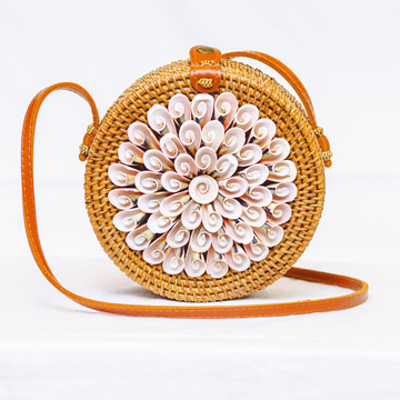 Brown Rattan Sling Bag with Collected Shells | Summer Crossbody Bag