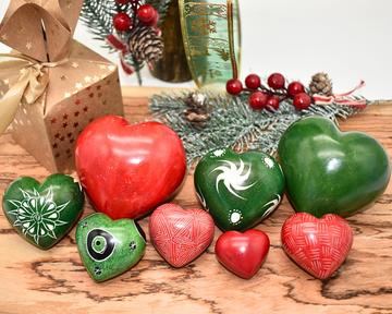 Soapstone Heart Figurines | Set of 3 | Red & Green | Christmas Décor | Kenyan Hand-Carved