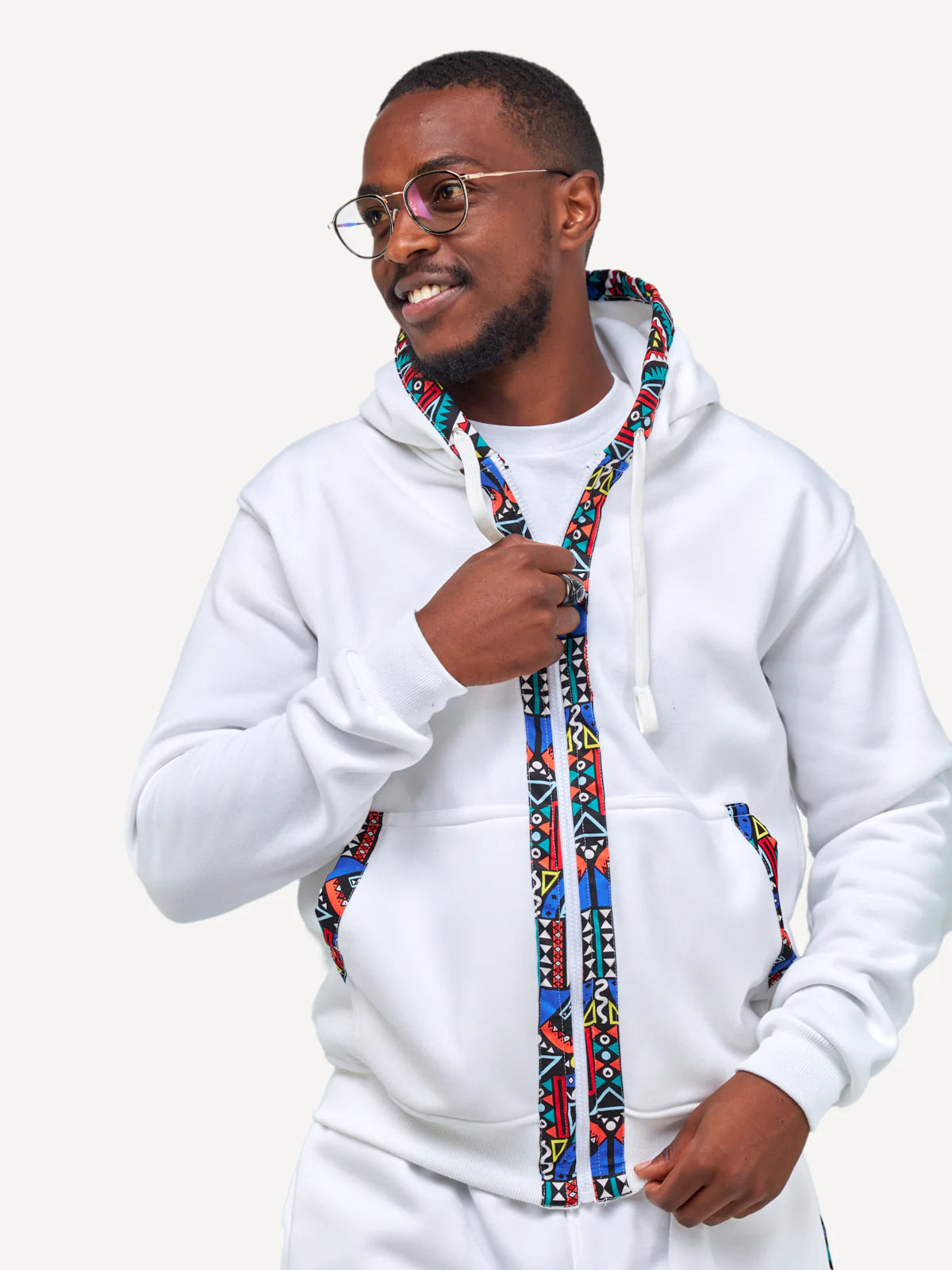 Kali Zipper Hoodies: White with Blue Tribal