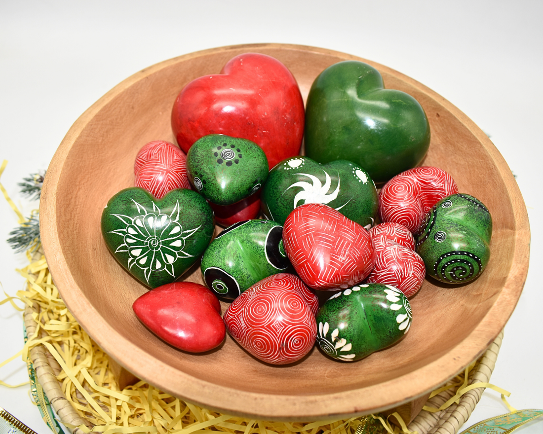 Soapstone Heart Figurines | Set of 3 | Red & Green | Christmas Décor | Kenyan Hand-Carved