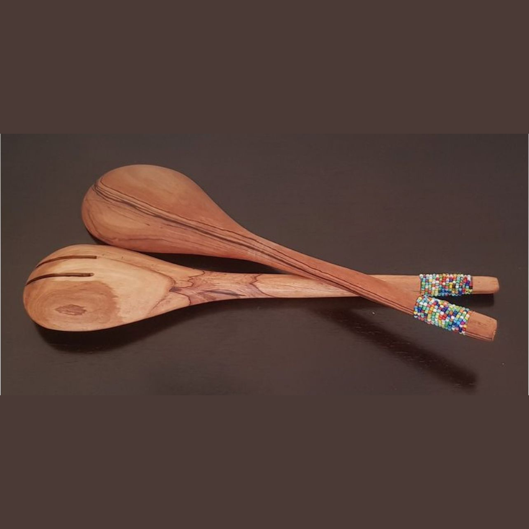 Olive wood salad spoon with beaded detail