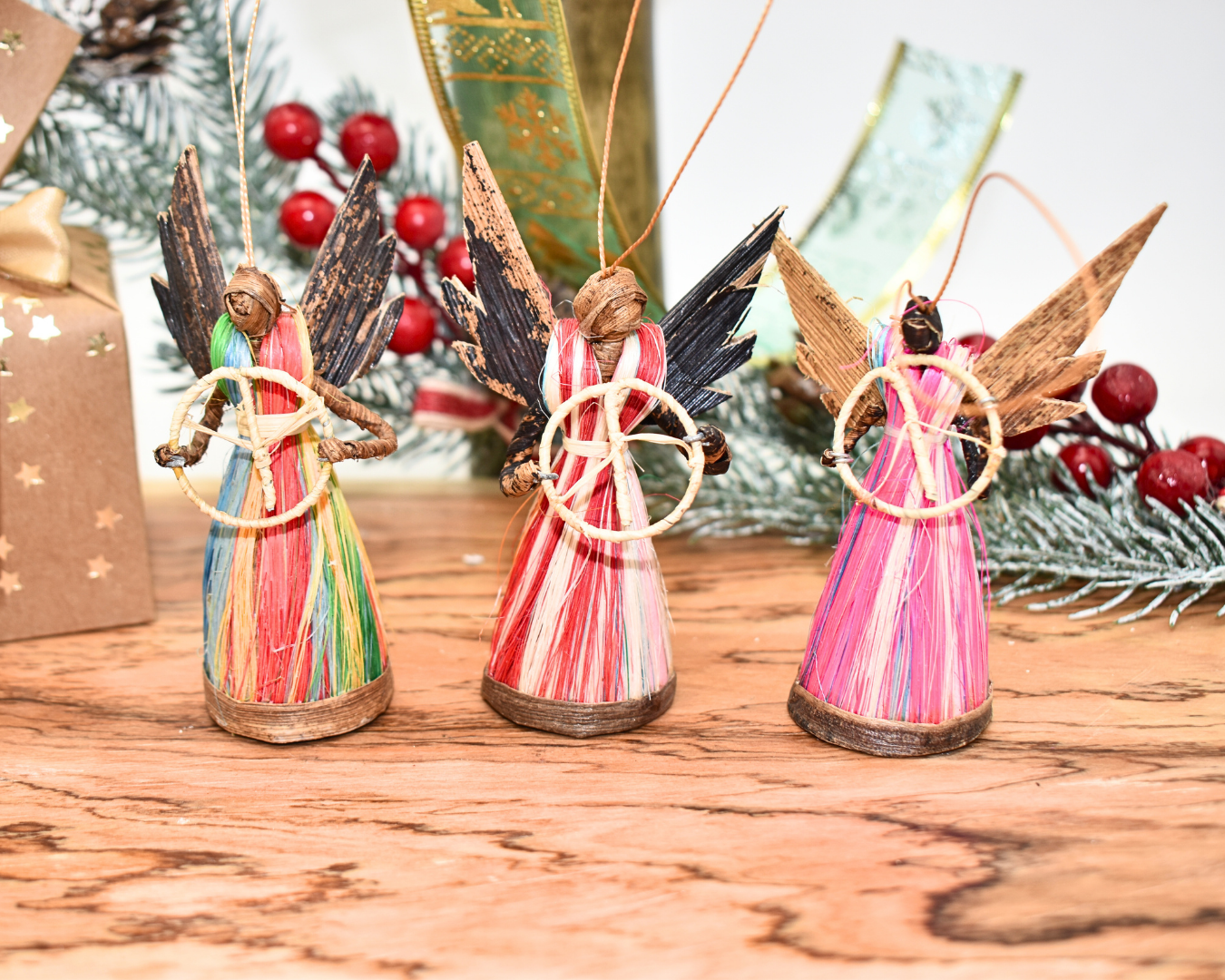 Angel Figurines Christmas Tree Ornaments | Colorful Banana Leaf | Set of 3 | Handmade Eco-Friendly