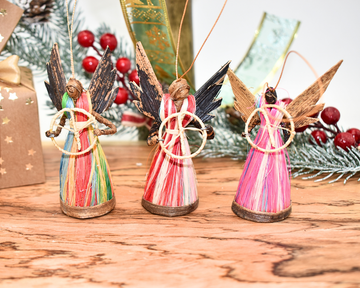 Angel Figurines Christmas Tree Ornaments | Colorful Banana Leaf | Set of 3 | Handmade Eco-Friendly