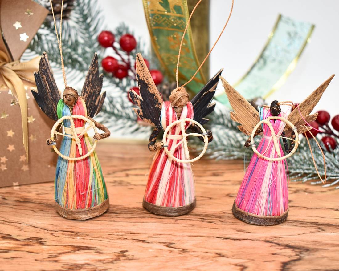 Angel Figurines Christmas Tree Ornaments | Colorful Banana Leaf | Set of 3 | Handmade Eco-Friendly