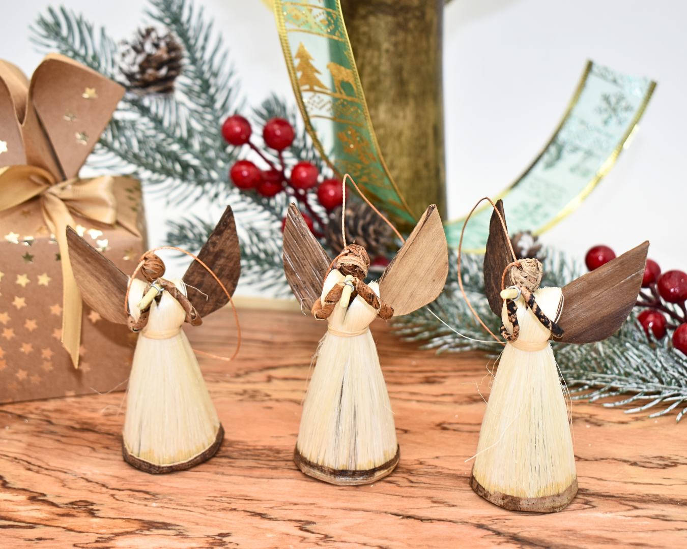 Angel Figurines Christmas Tree Ornaments | Natural Banana Leaf | Set of 3 | Handmade Eco-Friendly