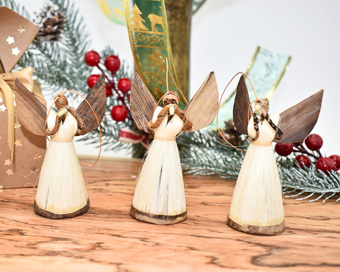 Angel Figurines Christmas Tree Ornaments | Natural Banana Leaf | Set of 3 | Handmade Eco-Friendly