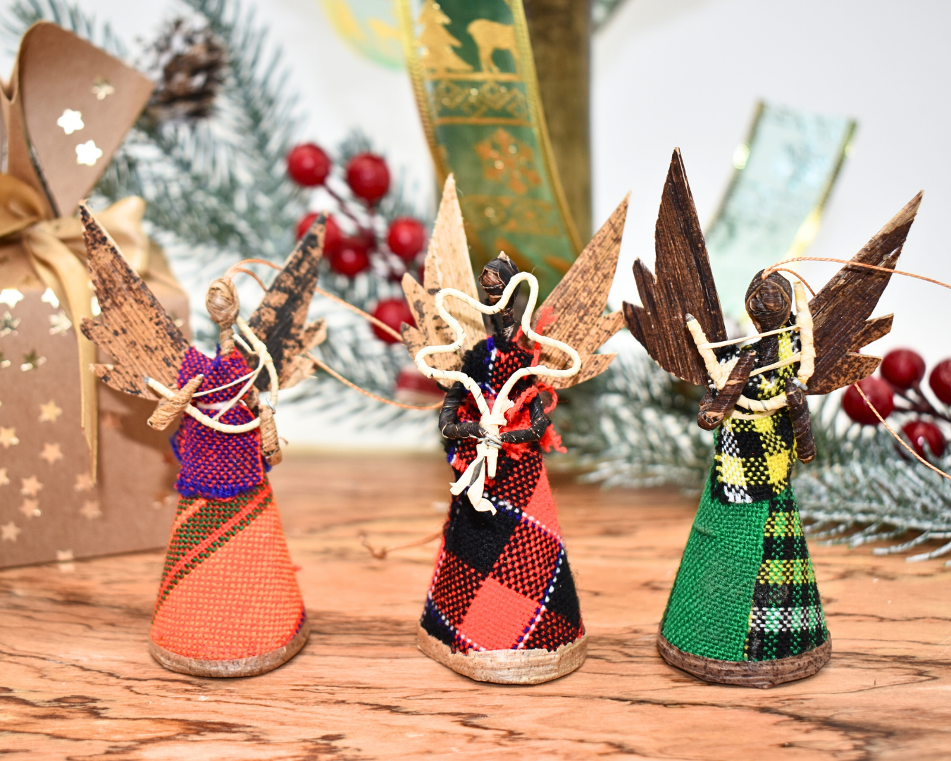 African Angel Christmas Tree Ornaments | Maasai Shuka & Kikoi | Set of 3 | Handmade Banana Leaves Trinkets