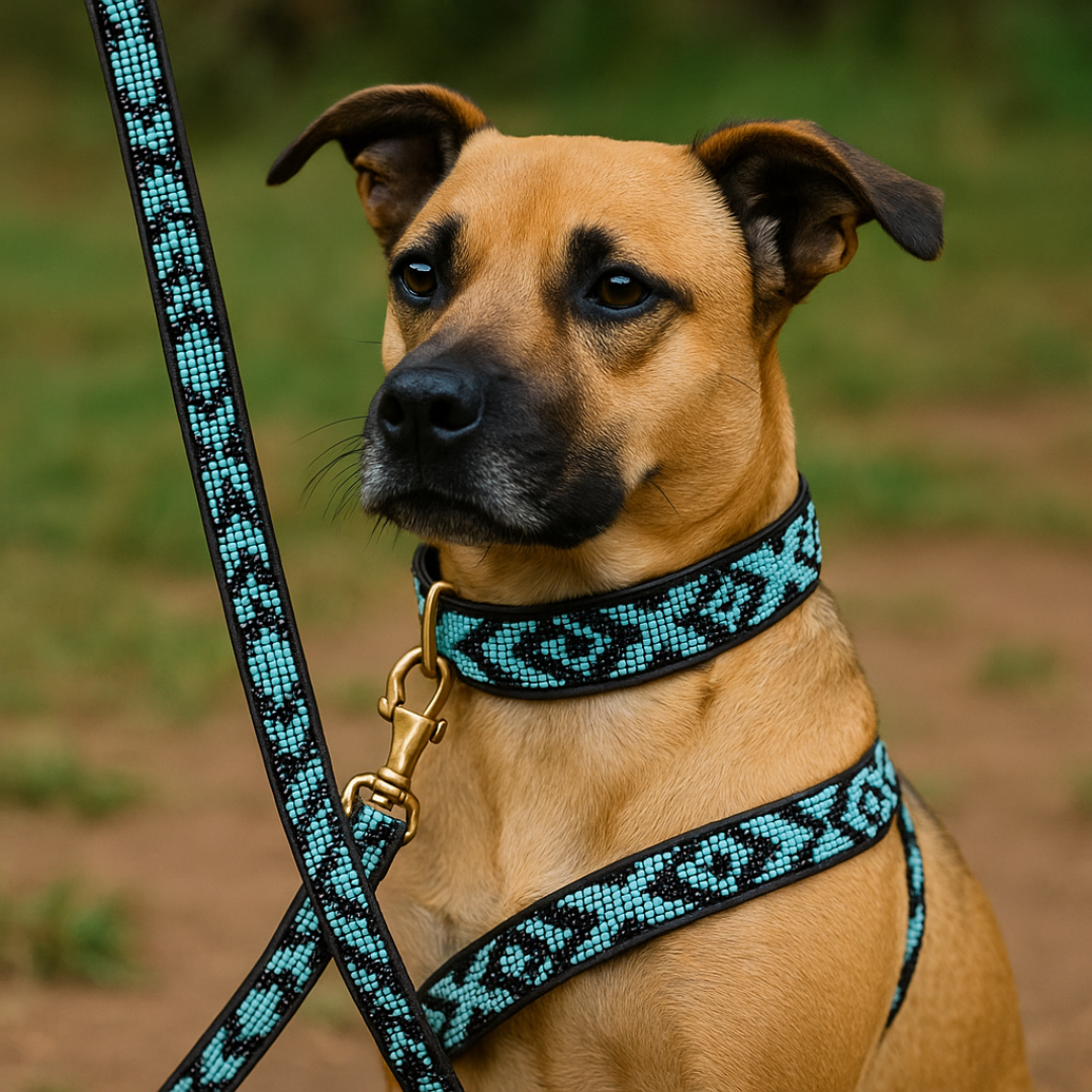 Hand-Beaded Leather Dog Collar & Leash-Blue