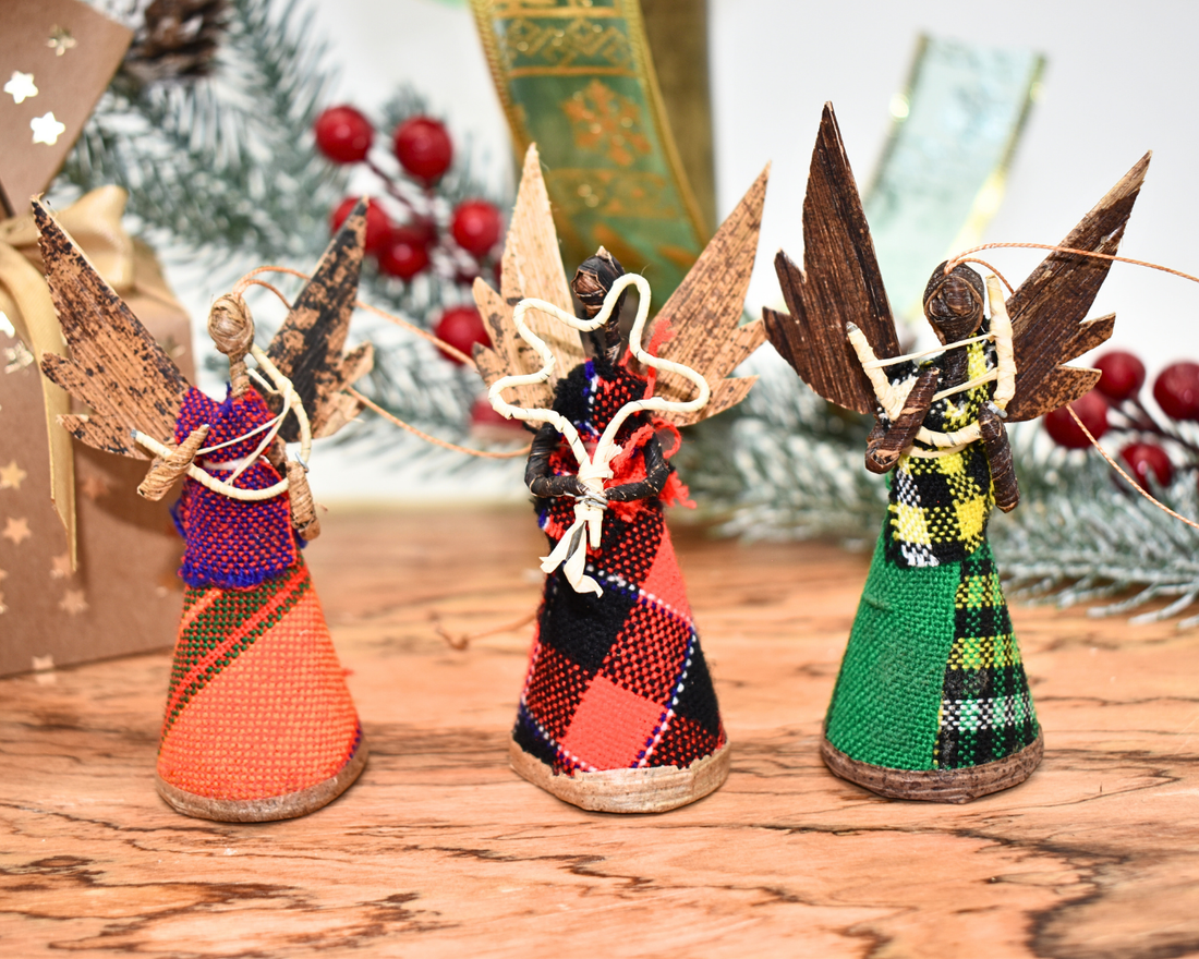 African Angel Christmas Tree Ornaments | Maasai Shuka & Kikoi | Set of 3 | Handmade Banana Leaves Trinkets