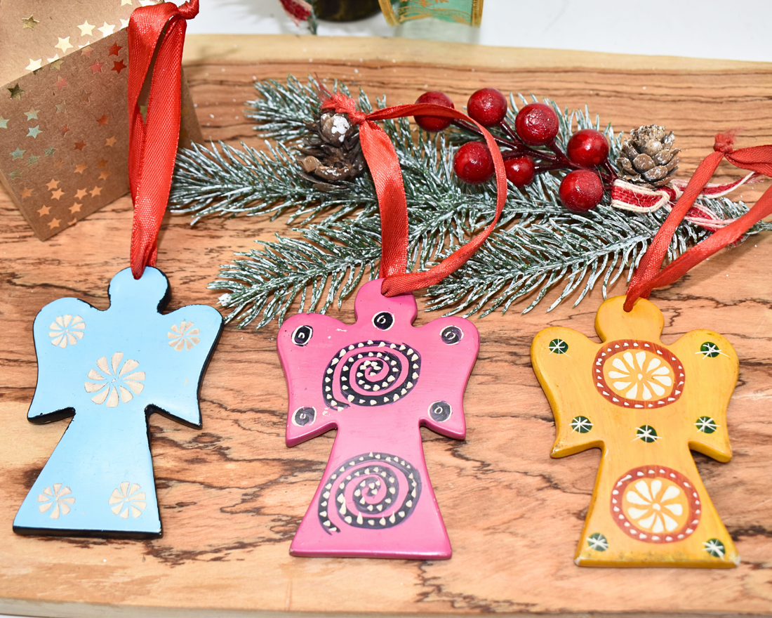 Soapstone Angel Christmas Tree Ornaments | Set of 3 | Kenyan Hand-Carved Dangling Décor