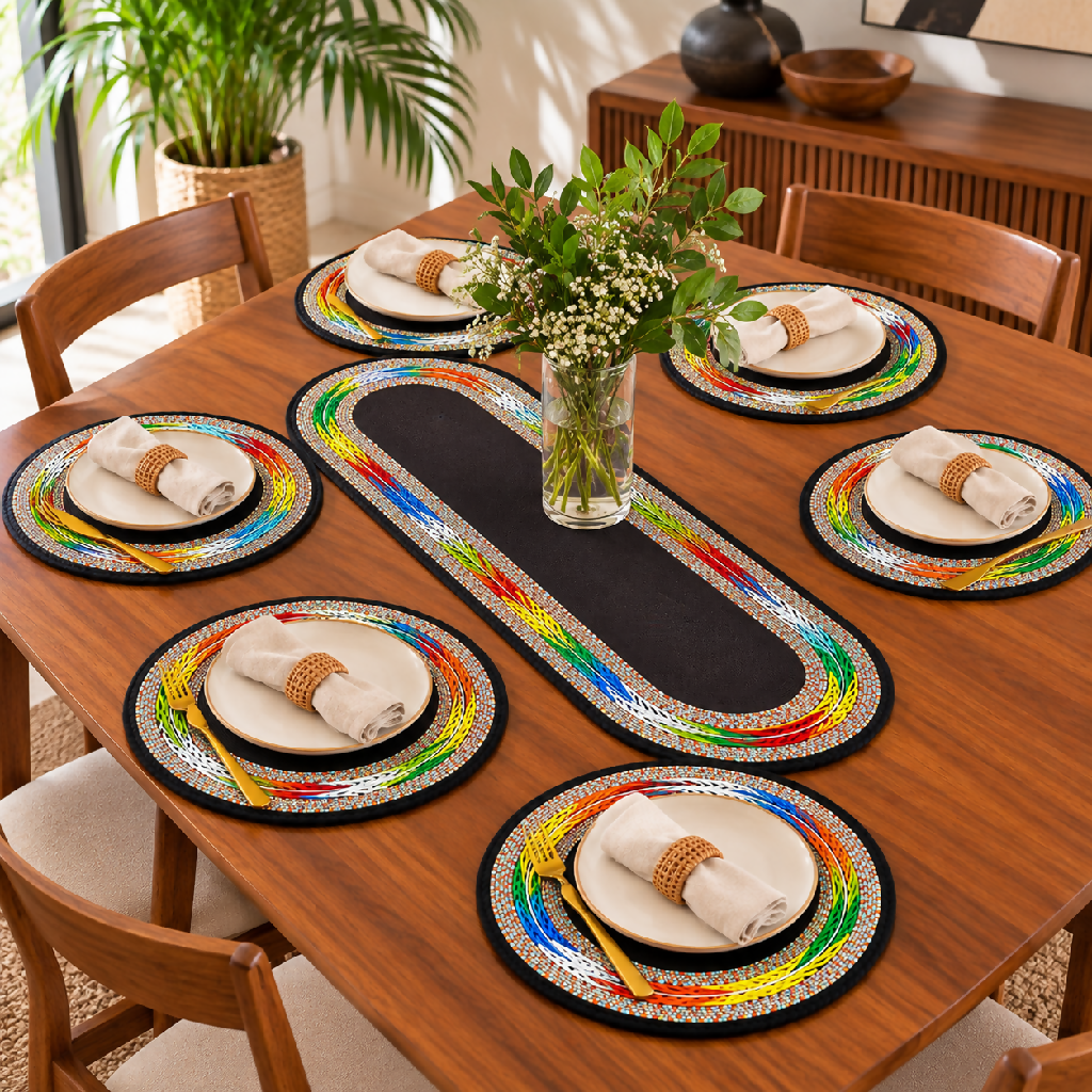 Handmade Beaded Table Placemat & Matching Runner Set – African Table Décor