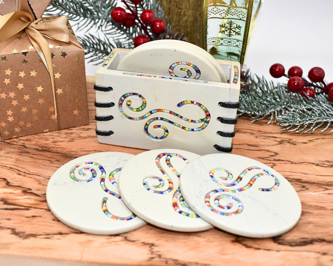 Soapstone Coasters with Maasai Beadwork | Set of 6 | Natural Stone | Kenyan Hand-Carved