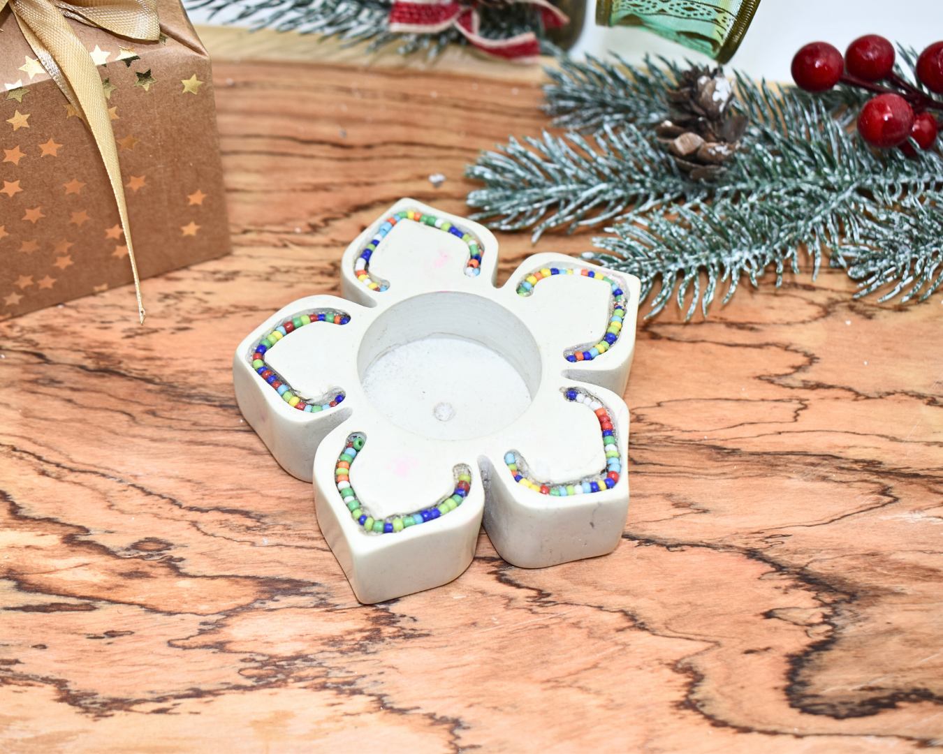 Soapstone Star Candle Holder with Maasai Beadwork | Natural Stone | Kenyan Hand-Carved