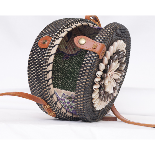 Black Rattan Sling Bag with Collected Shells | Summer Crossbody Bag