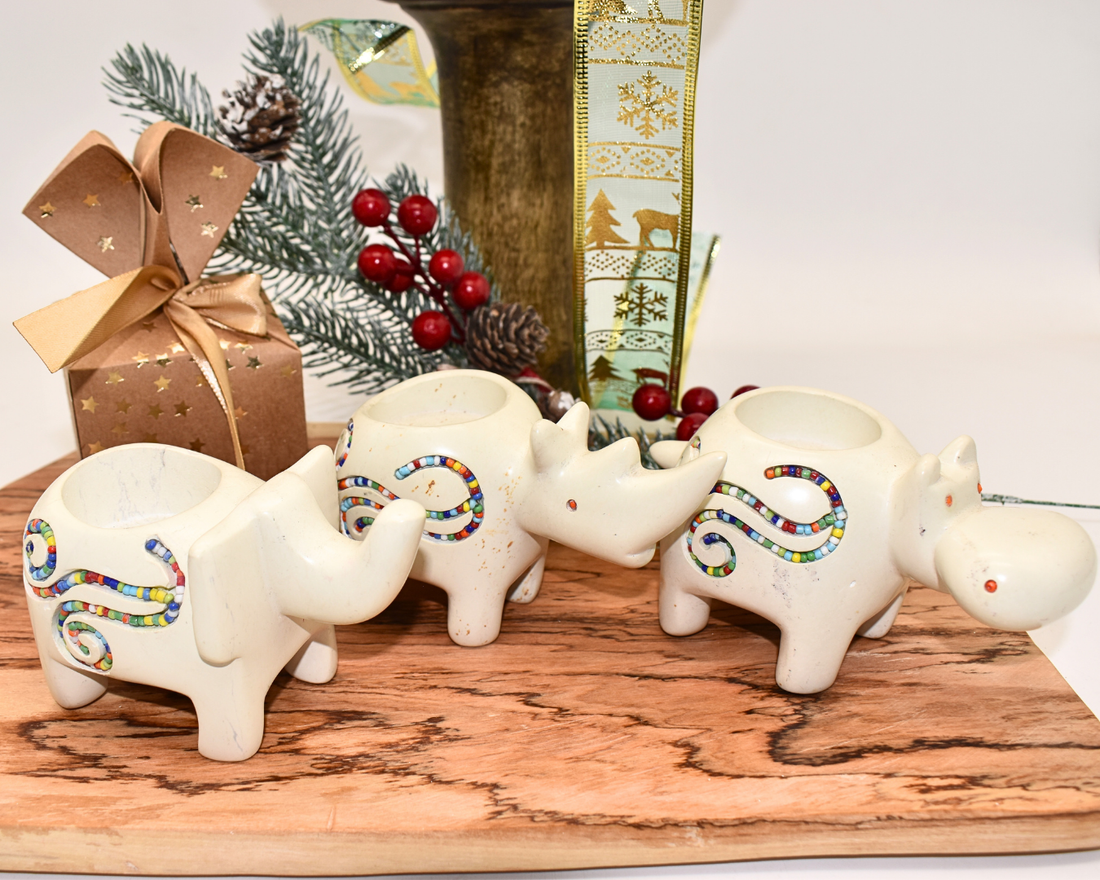 Soapstone Animal Candle Holder with Maasai Beadwork | Kenyan Hand-Carved