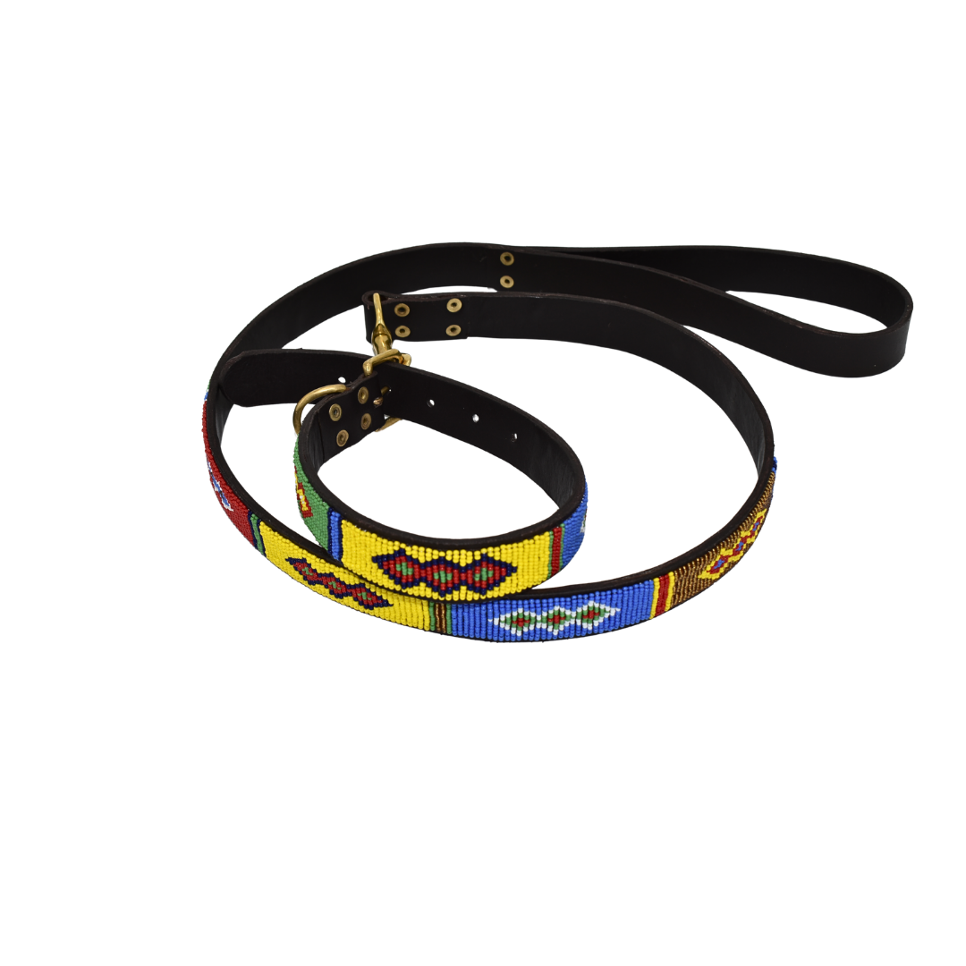 Hand-Beaded Leather Dog Collar & Leash-Maasai Colors