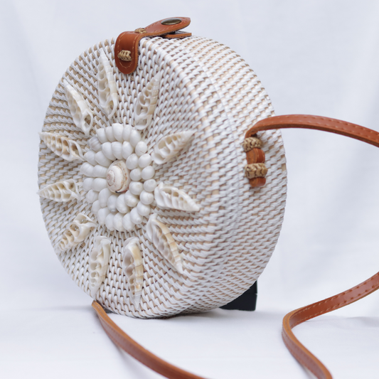 White Rattan Sling Bag with Collected Shells | Summer Crossbody Bag