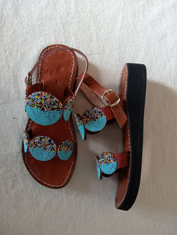 Leather Wedge Sandals- Turquiose Tribal