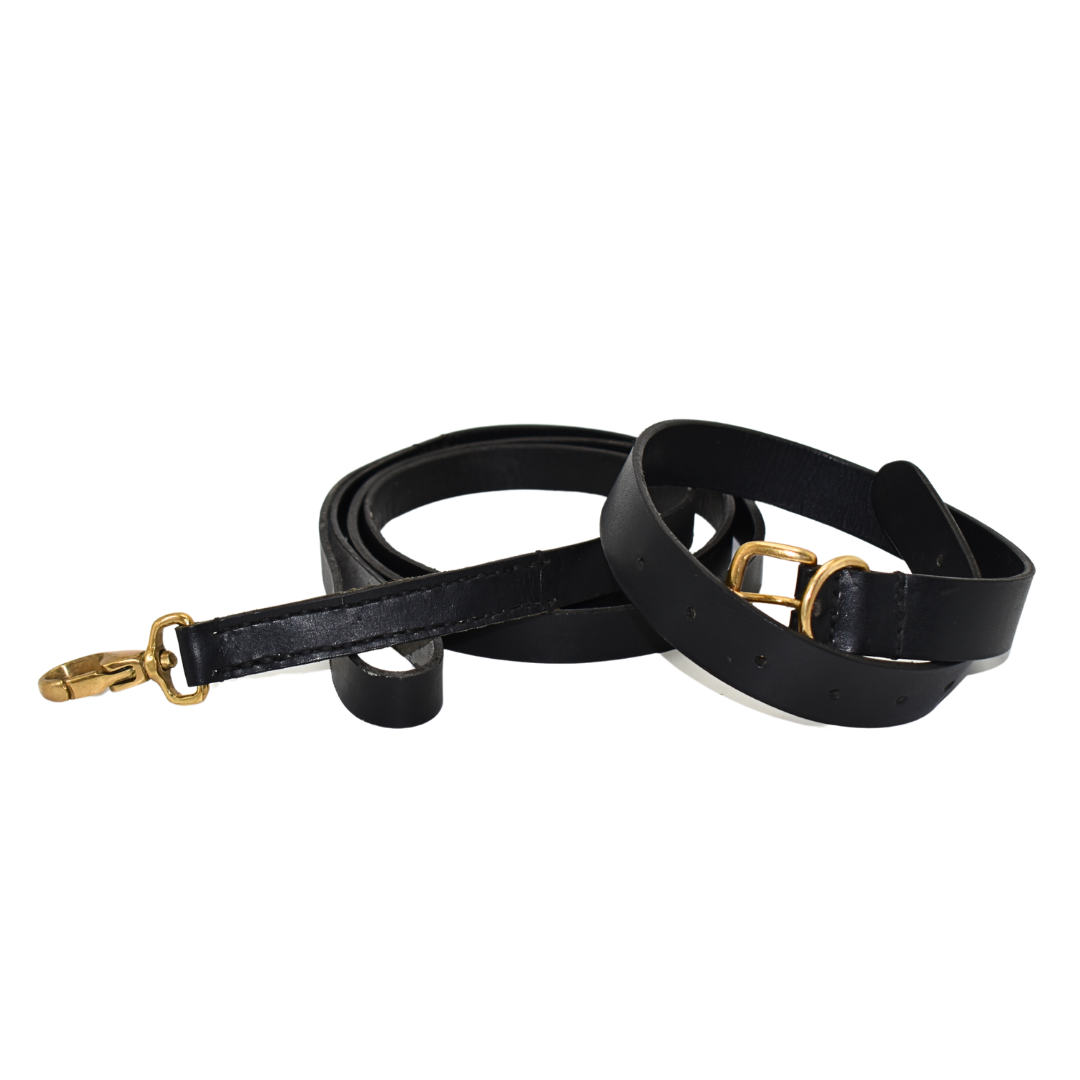 Handmade Plain Leather Dog Collars & Leash Set| Black