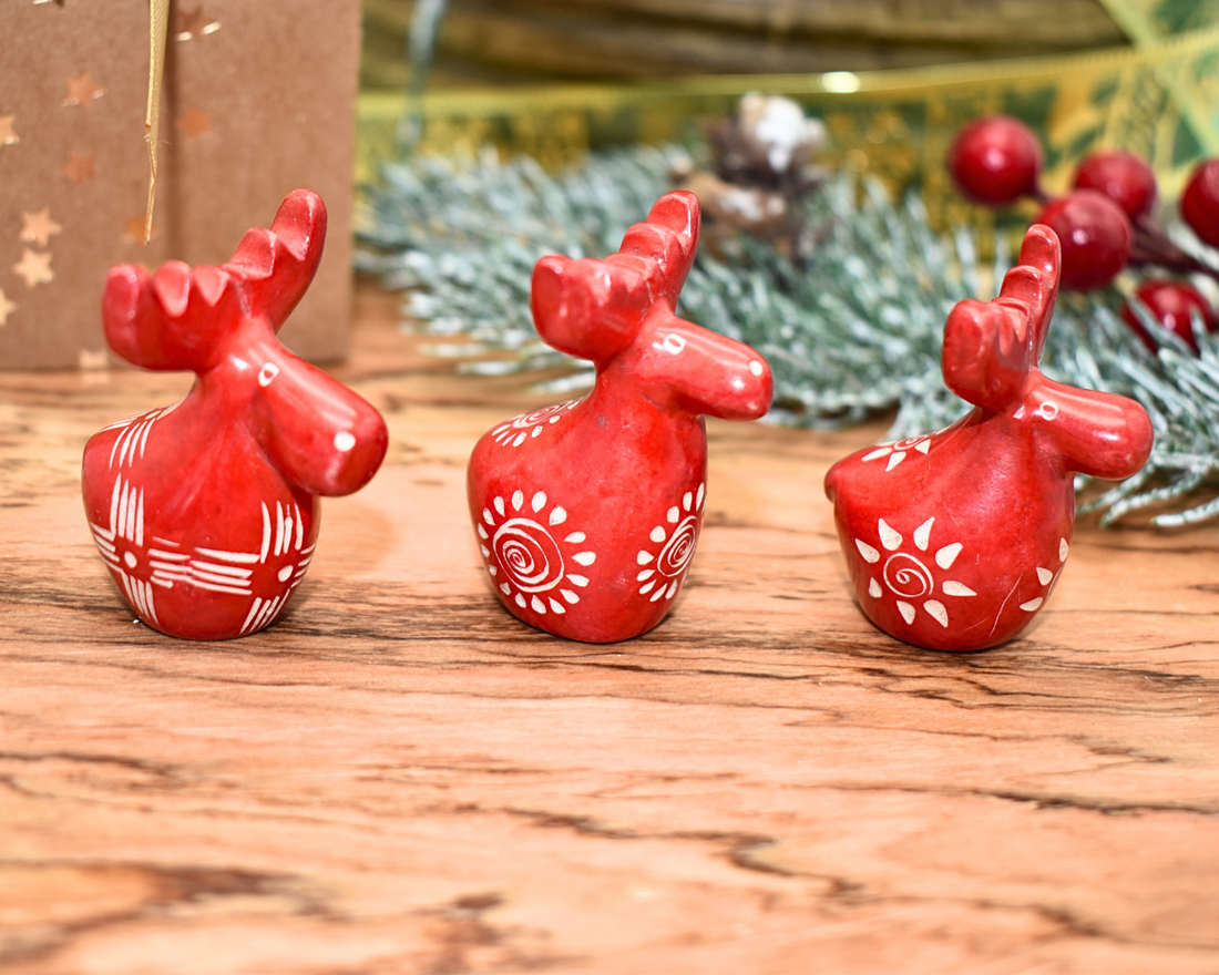Moose Soapstone Candle Holder Set | Set of 3 | Christmas Holiday Décor | Kenyan Hand-Carved