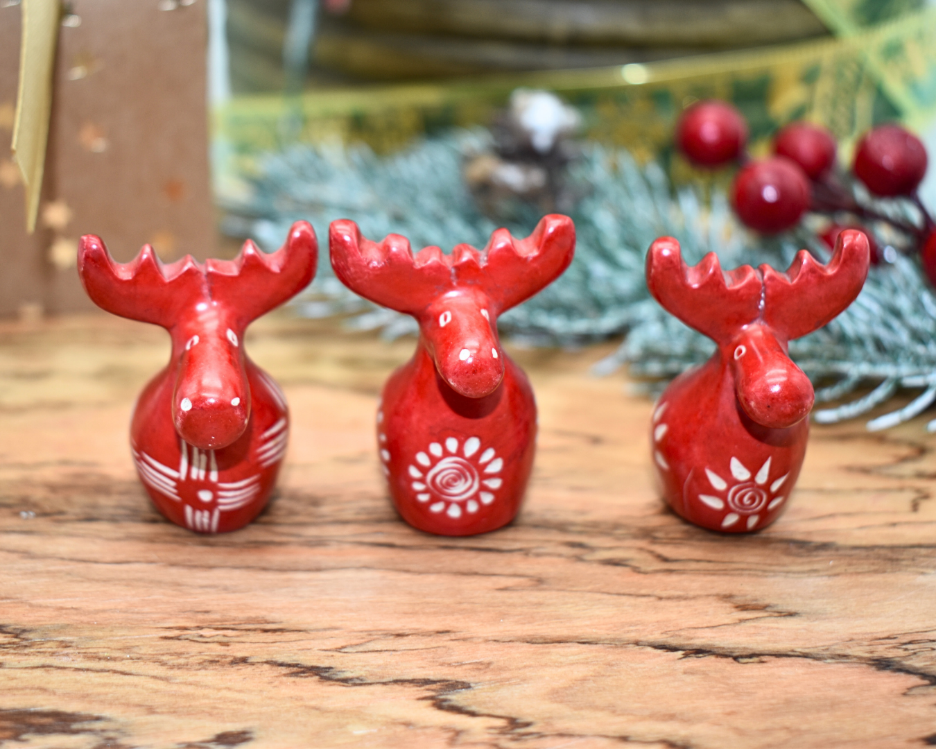 Moose Soapstone Candle Holder Set | Set of 3 | Christmas Holiday Décor | Kenyan Hand-Carved